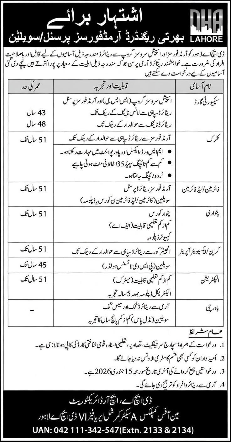 DHA Lahore Jobs of Security Guards, Clerks, Electricians, Cooks, Fireman etc online apply
