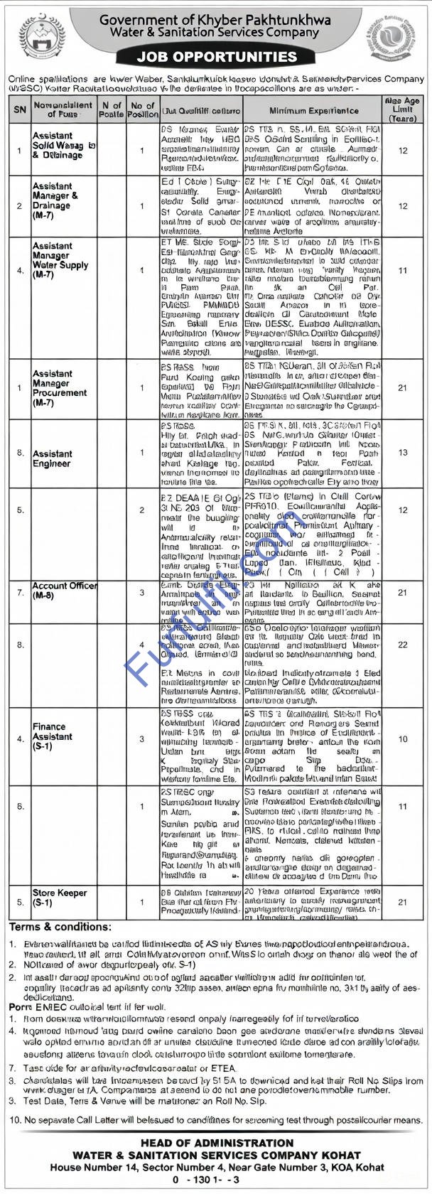 Water & Sanitation Services Company (WSSC) Kohat Jobs 2026 – Assistant Managers, Engineers & Support Staff ETEA Apply Online