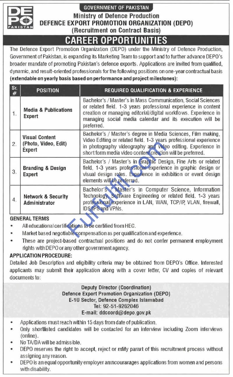 Defence Export Promotion Organization (DEPO) Islamabad Government Jobs 2026 – Network & Security Administrator, Media & Design Experts