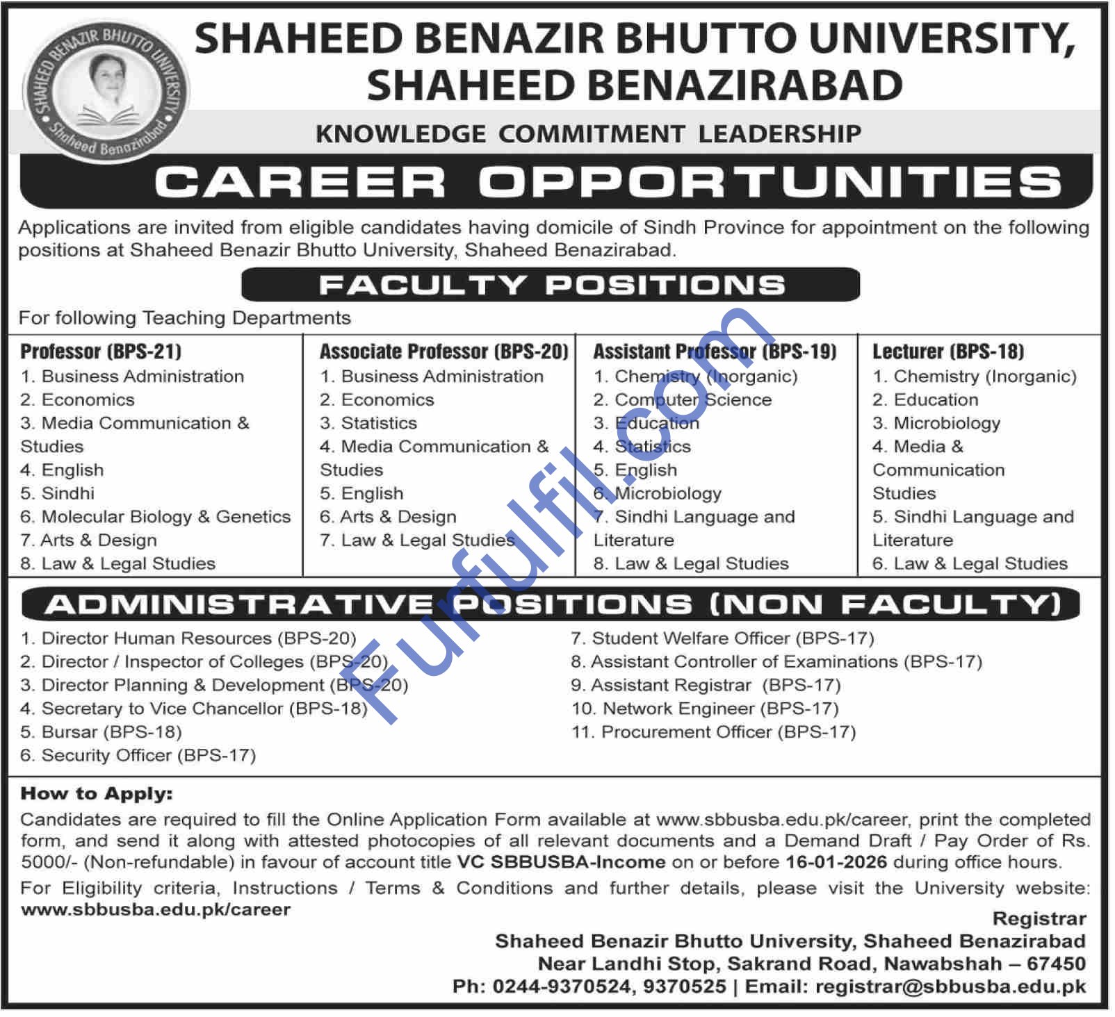 Shaheed Benazir Bhutto University (SBBU) Shaheed Benazirabad Government Jobs 2026 – Teaching Faculty & Administrative Positions