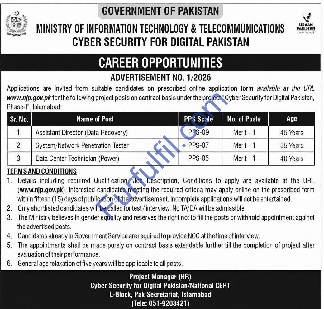 Ministry of Information Technology & Telecommunication (MoITT) Islamabad Government Jobs 2026 – Cyber Security for Digital Pakistan