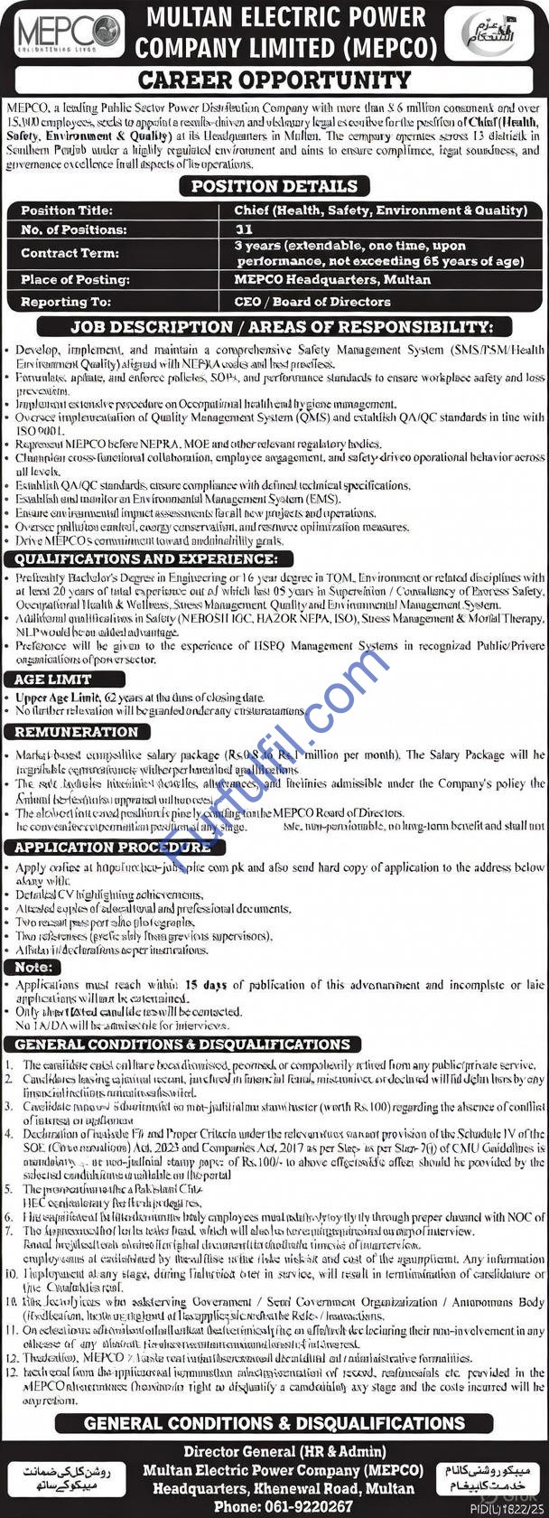 MEPCO WAPDA Jobs 2026 – Apply Online for Chief HSEQ Position at Multan Electric Power Company