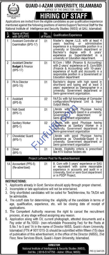 Quaid e Azam University Islamabad Jobs 2026 for Assistants, Chowkidar / Guards & Others QAU Latest