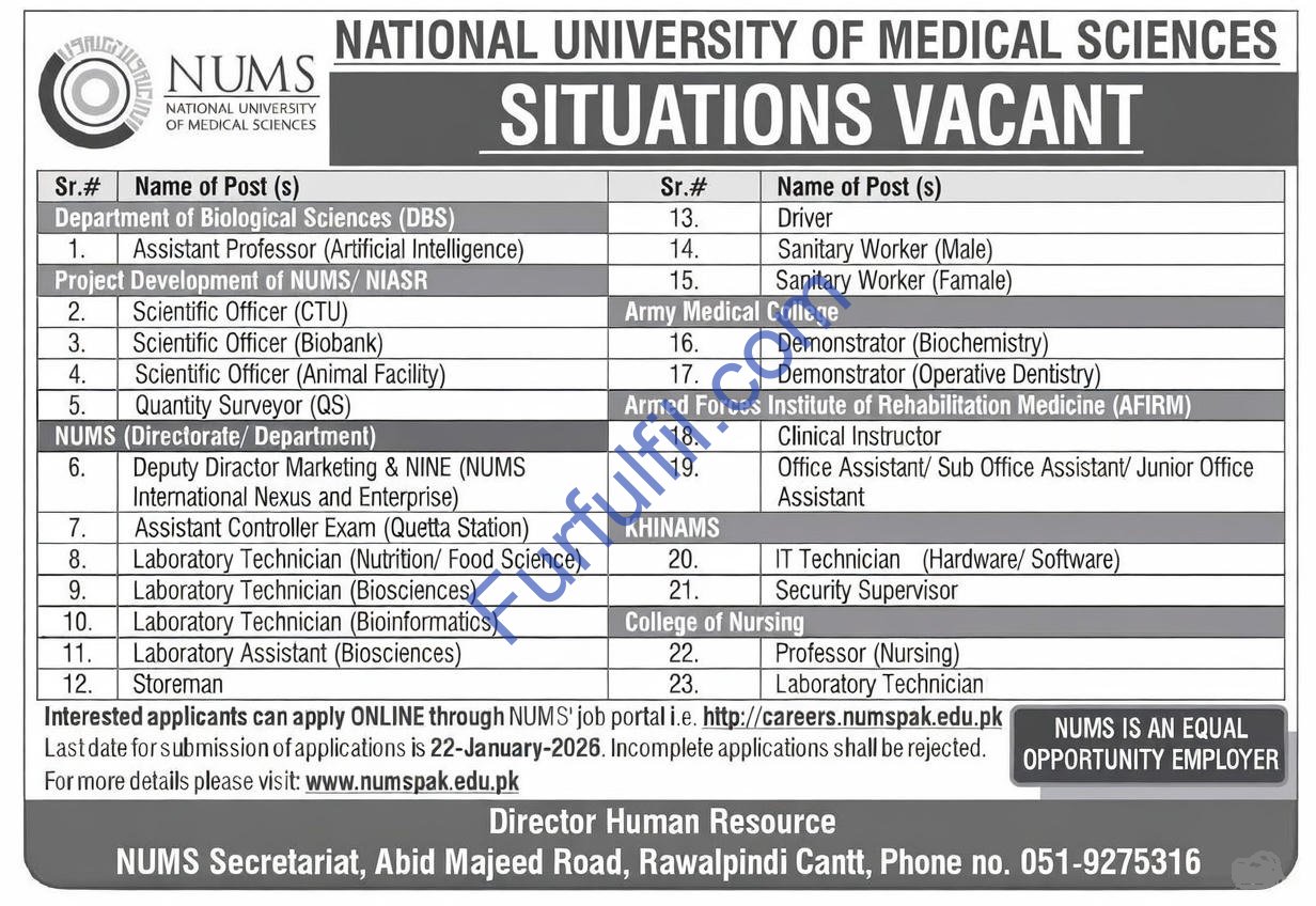 NUMS Jobs 2026 for Scientific Officers, Lab Technicians, Assistants & Others Apply Online