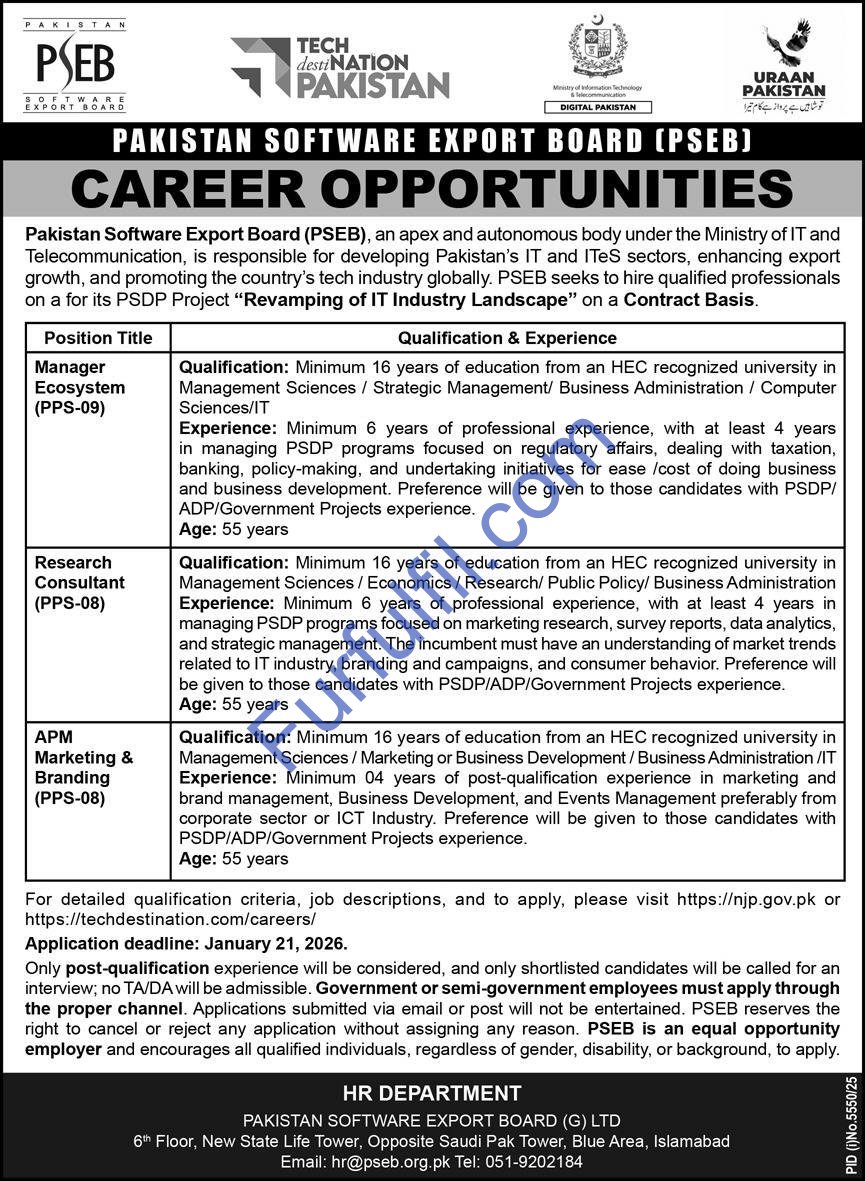 Pakistan Software Export Board (PSEB) Jobs 2026 Apply Online | Ministry of IT & Telecom Government Jobs