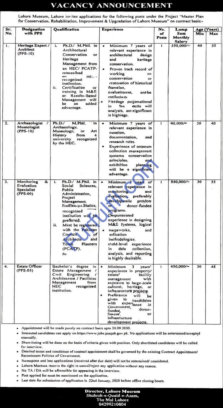Lahore Museum Lahore Jobs 2026 – Apply Online for Punjab Government Positions