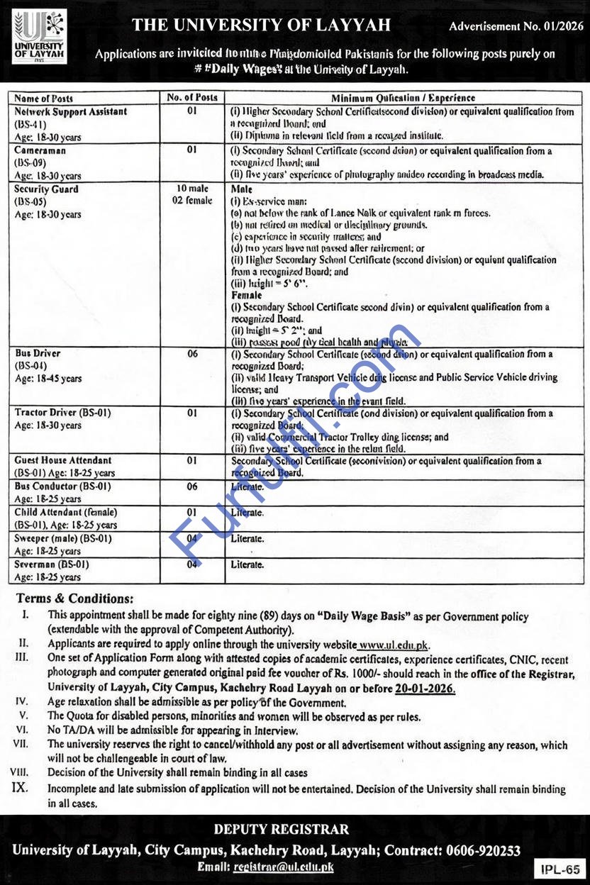 University of Layyah Jobs 2026 for Security Guards, Drivers, Bus Conductors, Sweepers & Others