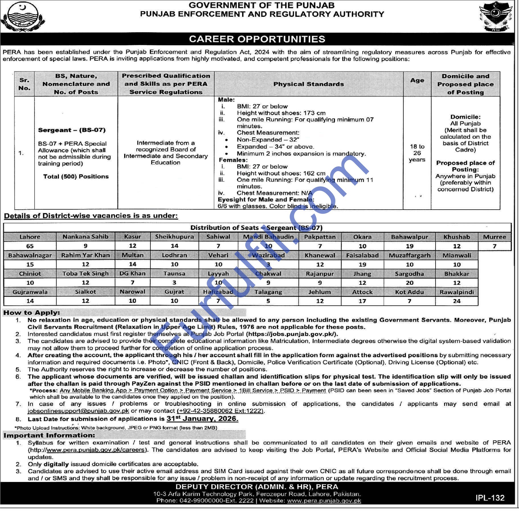 PERA Jobs 2026: Apply Online for 500 Sergeant (BPS-07) Vacancies for Males & Females in Punjab