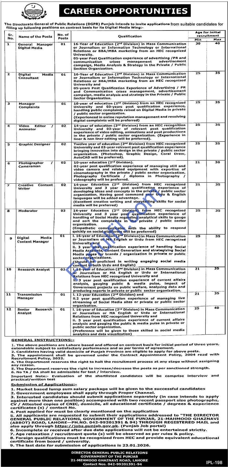 DGPR Punjab Jobs 2026: Digital Media Wing Careers in Lahore – Apply Online