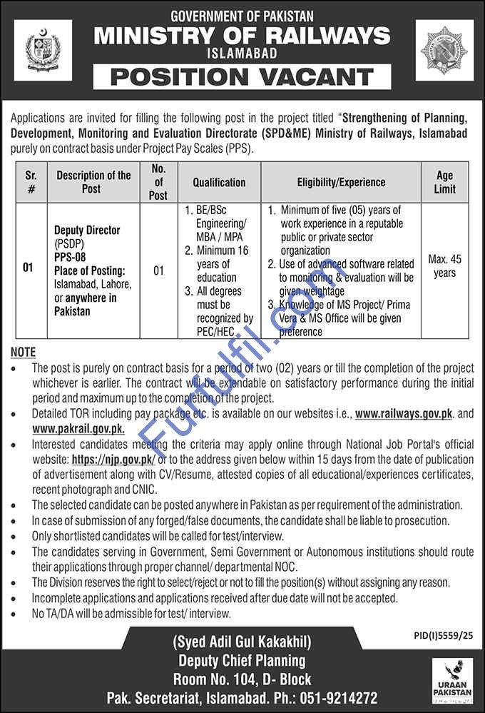 Ministry of Railways Jobs 2026: Deputy Director (PPS-08) Islamabad – Apply Online
