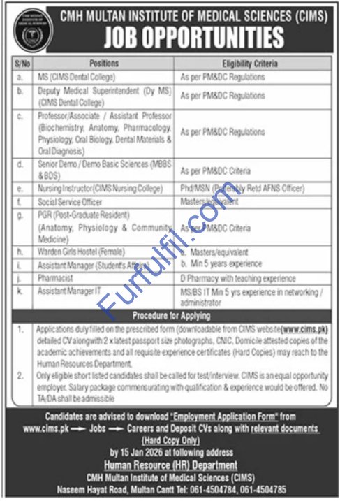 CMH Multan CIMS Jobs 2026 – Teaching & Non-Teaching Staff Recruitment