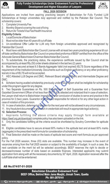 BEEF fully funded LLM scholarships for Balochistan lawyers — Fall 2026