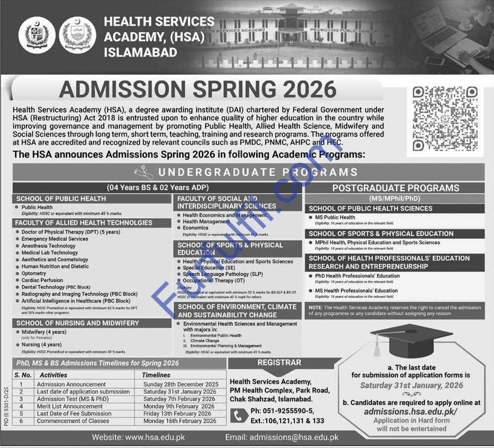 Health Services Academy Islamabad spring 2026 admissions overview