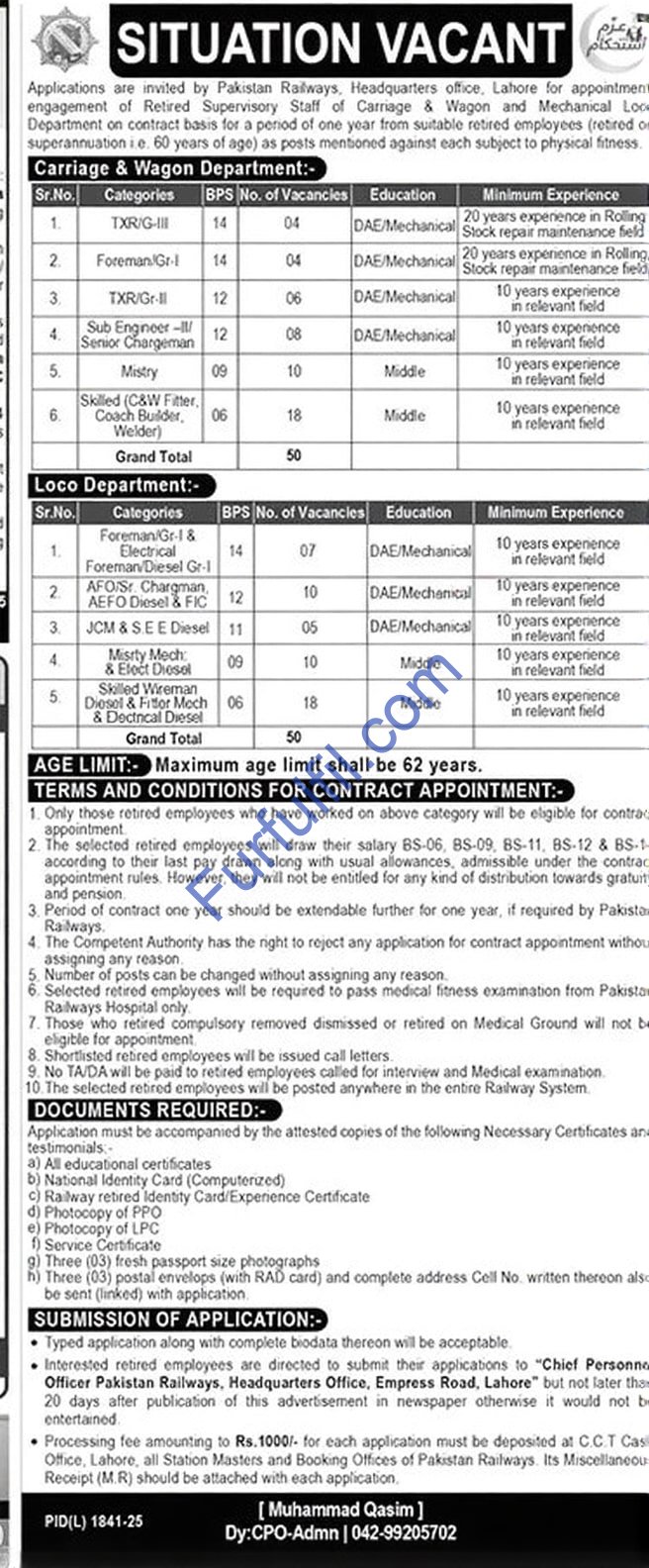 Pakistan Railways Jobs 2026 – Contract Vacancies for Chargeman, Sub Engineer, Mistry & Skilled Staff