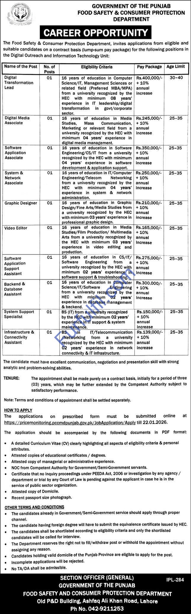 Food Safety & Consumer Protection Department Punjab Jobs 2026 – Apply Online for IT, Digital Media & Technology Positions