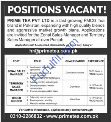 Prime Tea Pvt Ltd Jobs 2026 – Apply for Zonal & Territory Sales Managers, Order Bookers Across Punjab
