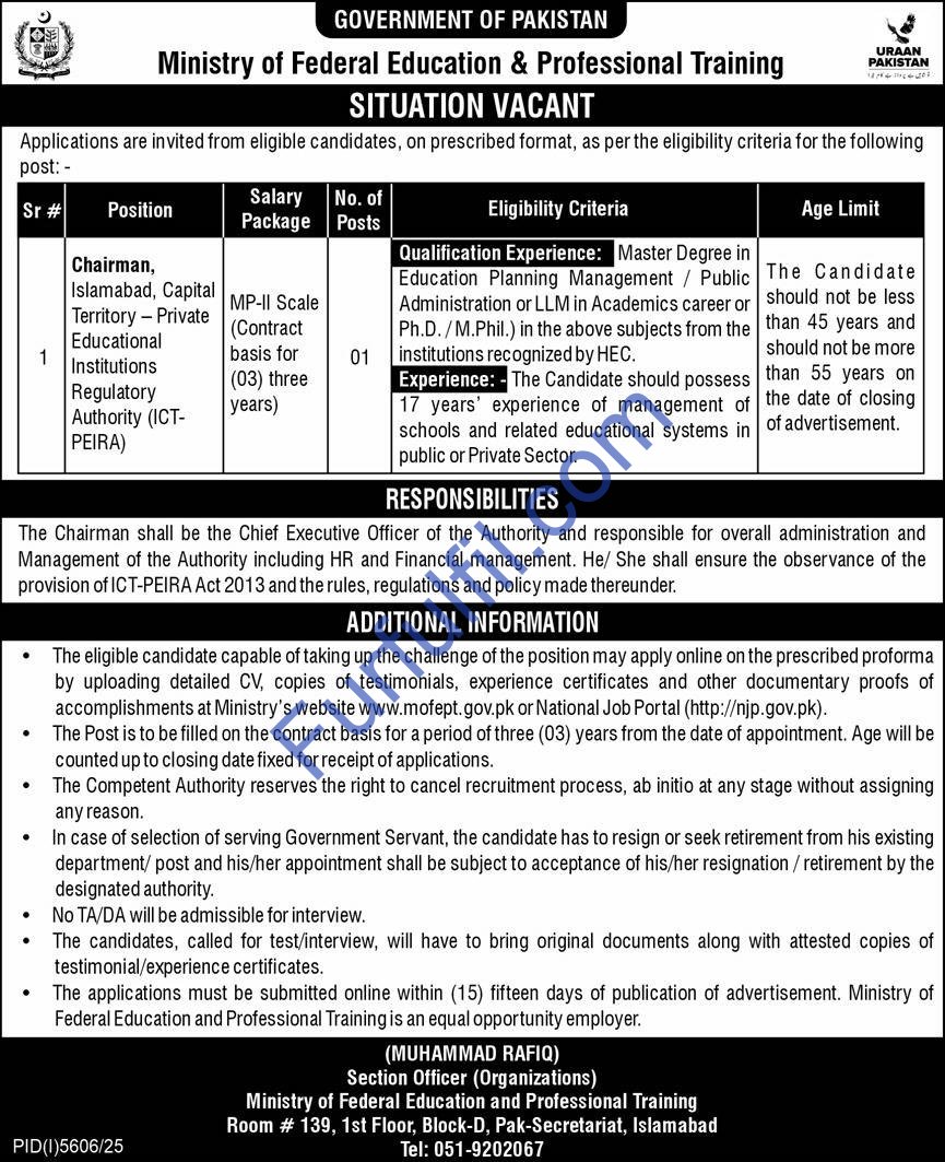 Ministry of Federal Education & Professional Training Jobs 2026 – Apply Online for Chairman ICT-PEIRA Islamabad