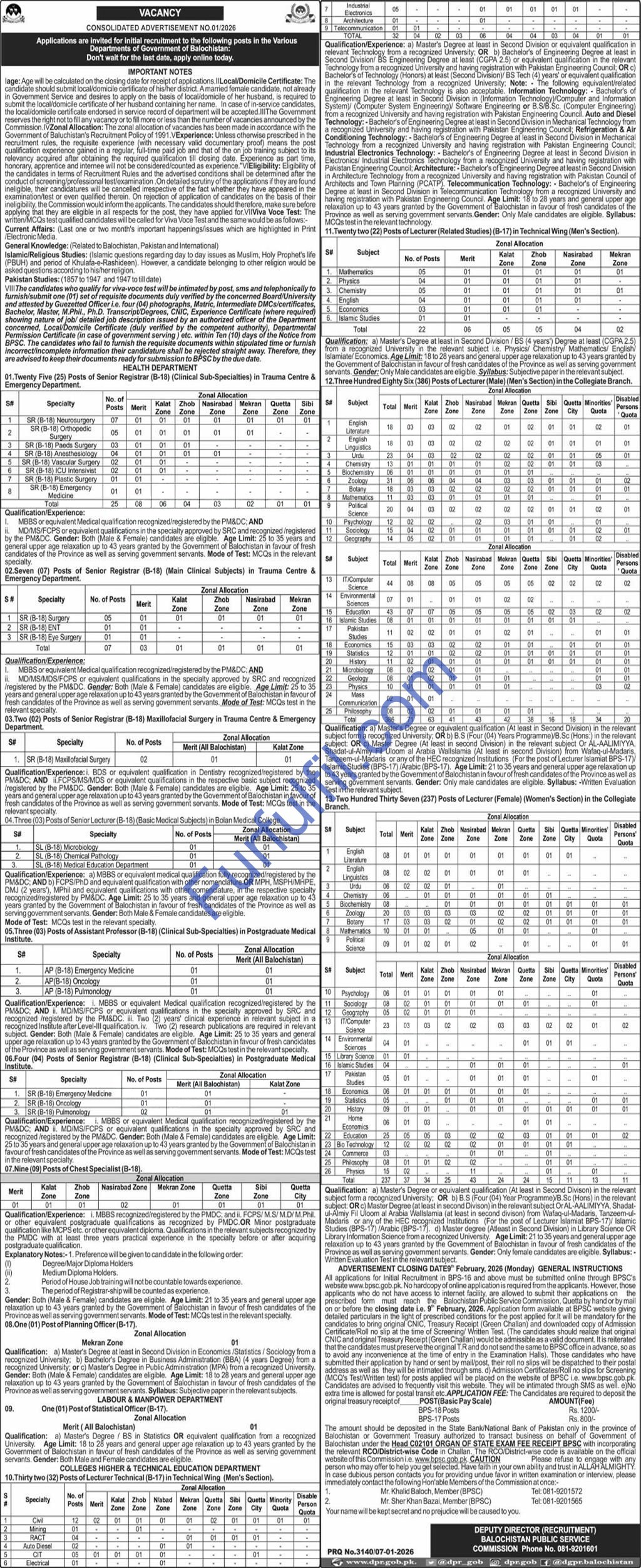 Balochistan Public Service Commission (BPSC) Jobs 2026 – Apply Online for Lecturers, Senior Registrars & Technical Officers | Advertisement No. 01/2026