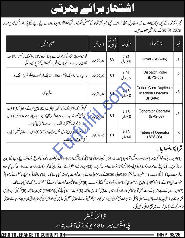 PO Box 735 Peshawar Jobs 2026 – Apply for Drivers, Dispatch Rider, Daftari, Generator Operator