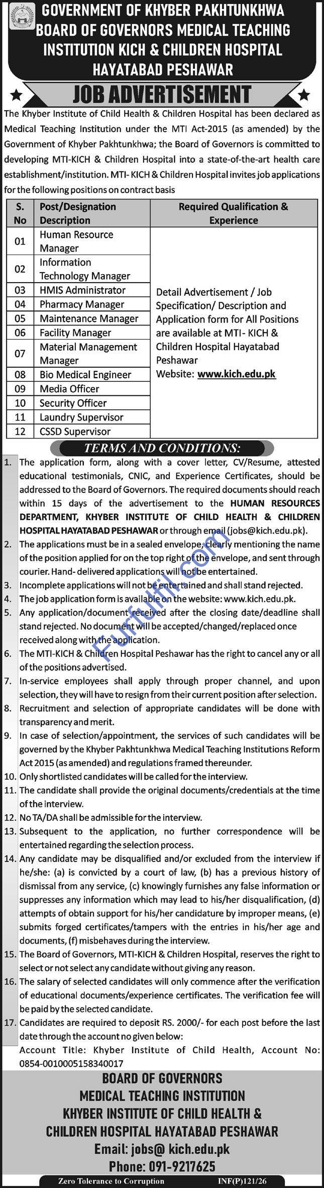 Khyber Institute of Child Health & Children Hospital Peshawar Jobs 2026  - Apply Online