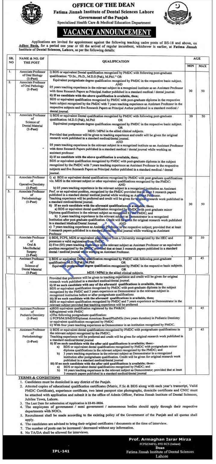 Fatima Jinnah Institute of Dental Sciences (FJIDC) Lahore Jobs 2026