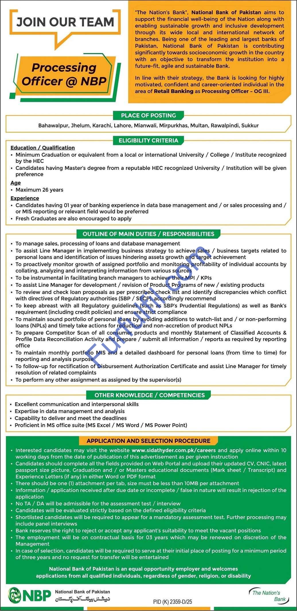 NBP Jobs 2026 Apply Online – Processing Officer OG-III National Bank of Pakistan Careers
