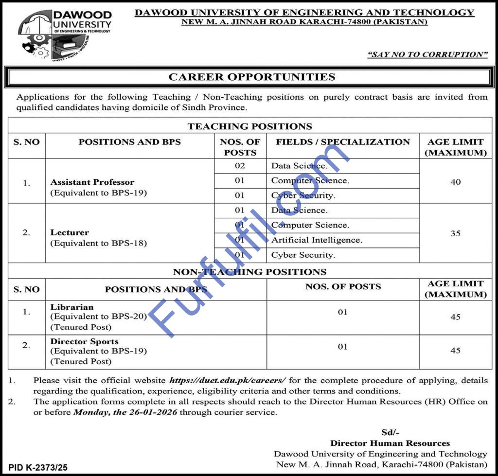 Dawood University of Engineering & Technology DUET Karachi Jobs 2026 – Apply Online